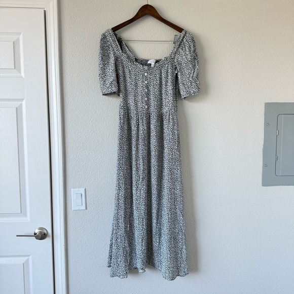 & Other Stories Black White Floral Midi Dress Puff Sleeve Button Front Size 6 - Picture 2 of 15